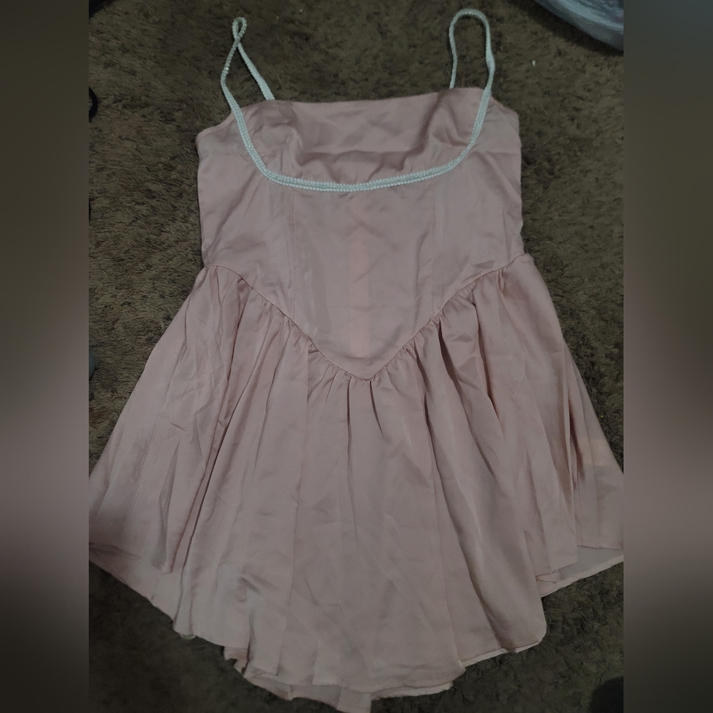 SHEIN Pink Pearl Detail Straps and Bodice Drop Waist Princess Looking Dress
